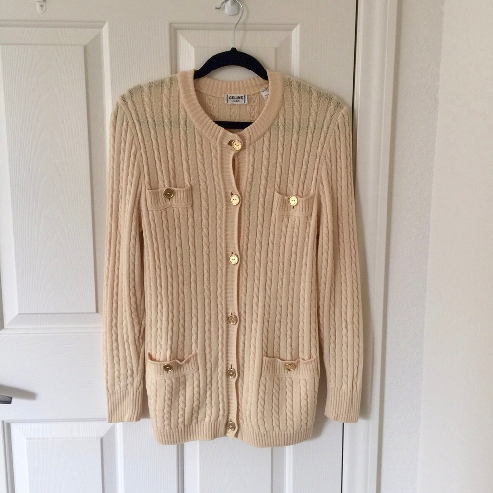 CELINE CREW NECK BEIGE WOOL KNIT CARDIGAN SWEATER